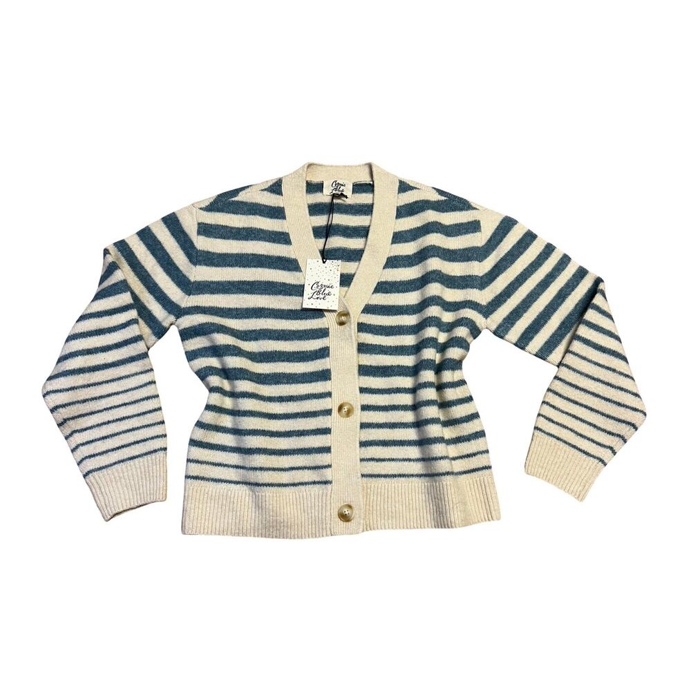 Cosmic Blue Love Womens Mia Cardigan Size M V Neck Button Front Blue Stripe
